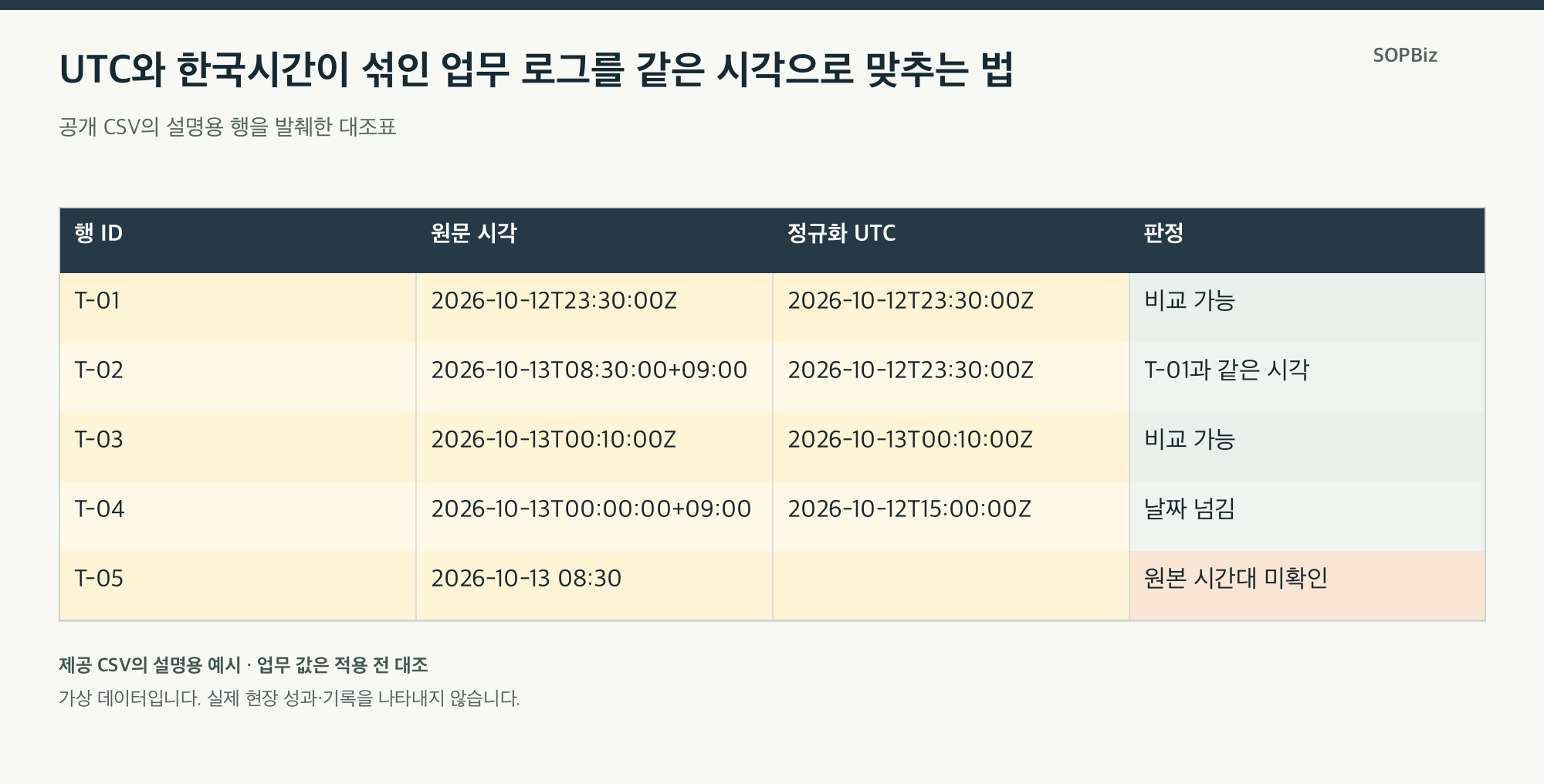 UTC와 한국시간이 섞인 업무 로그를 같은 시각으로 맞추는 법의 설명용 사례표