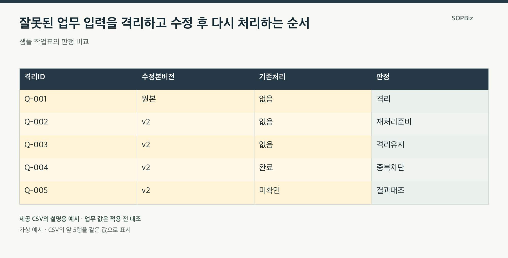 잘못된 업무 입력을 격리하고 수정 후 다시 처리하는 순서의 설명용 사례표